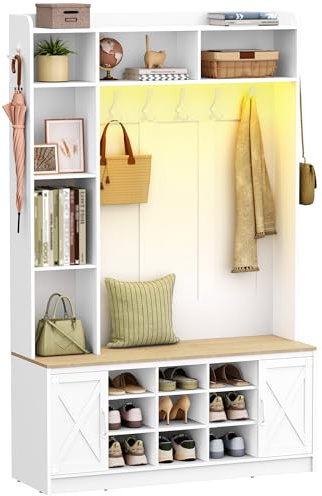 Hzuaneri Garderobstativ med bänk, garderob med LED, vit-gul | Klädställ, justerbara hyllor, 15 öppna fack, 7-krokar, för entré, 40,3 x 120 x 191 cm, HT24603XEU