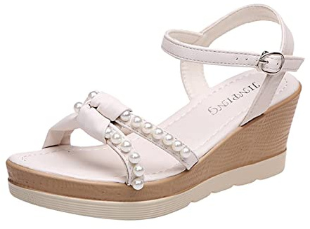 Uwdiohq Sandalias Informales De Ocio Con Transpirable Para Exteriores, Cuñas Gruesas, Zapatos Mujer, Mujer Retro (White, 38) Rehabilitación Calzado Fascitis Playa Cuña Negras Numero 42 37