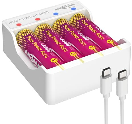 ANSMANN Pure Power litiumladdare med 4 uppladdningsbara AA-batterier med hög kapacitet och laddningsmodul, lång batteritid, skyddsteknik, idealisk för enheter med hög strömförbrukning