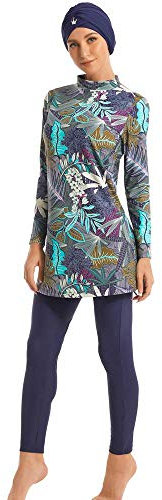 Ababalaya Fully Covered Swimsuits 3 Pieces Full Covered Burkini Swimwear with Swimming Cap (US, Alpha, Large, Regular, Regular, 105Navy Blue)