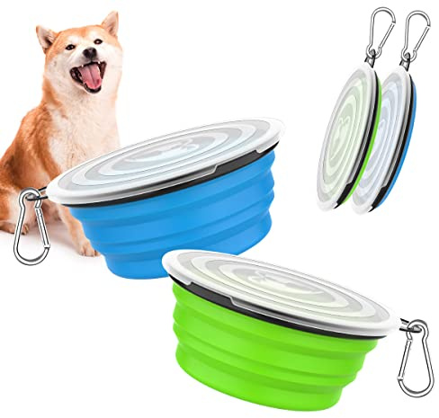 Pawaboo [2PZS] Cuencos de Viaje de Silicona con Tapas y Mosquetones para Perros Gatos, Alimentador de Agua Plegable Portátil, Tazones para Perros de Uso Doméstico para Caminar - Azul + Verde