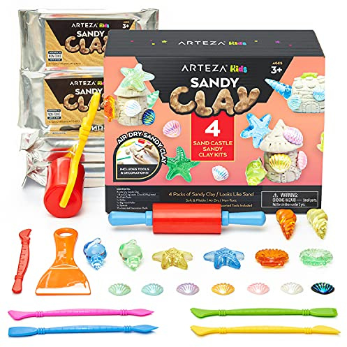 Arteza Kids Air Dry Modeling Clay Kit, 4 x 8-oz Packs Sensory Play Sand, 8 Sandy Clay Tools, 15 Decoration Shells, Art and Craft Supplies for Kids, Sand Castle Building, Birthday Gifts