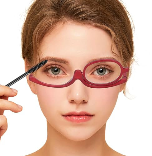 Agatige Rotating Makeup Glasses, Magnifying Makeup Glasses, Single Lens Eye Makeup Reading Cosmetic Folding Eyeglasses Tools for Women Red(+3.00)