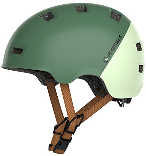 GLAMVILLA Skaterhelm Fahrradhelm Ultraleicht Stadthelm für Kinder/Damen/Herren,Verstellbar Unisex Schutzhelm für Skateboard E-Scooter Roller BMX,nur 260g/270/280g (Dunkelgrün mit Hellgrün, S(48-53cm))
