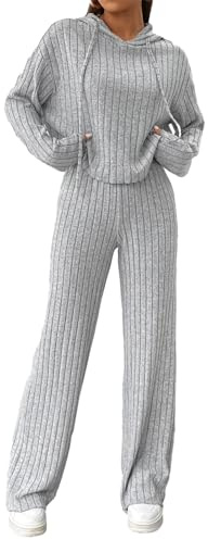 SotRong Ribbade loungekläder, set, för kvinnor, Storbritannien, 2 delar, matchande komplett set, träningsoverall, för damer, pyjamasset, myskläder, nattkläder, hemmakläder, C-grå, M