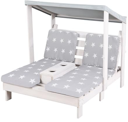 roba 2er Gartenliege aus Holz - Doppel Sonnenliege mit Getränkehalter und Sonnenschutz - Geeignet für 2 Kinder ab 18 Monaten - Wetterfest - Grau