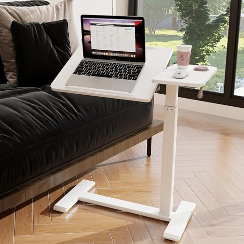 PUNCIA Table de lit pneumatique réglable avec roulettes, dessus divisé, table de chevet inclinable avec plateau roulant pour ordinateur portable, ordinateur portable, chariot blanc