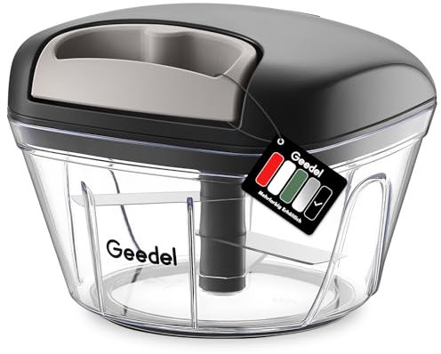 Geedel Zwiebelschneider, 500ML Zwiebel Zerkleinerer mit Seilzug, Gemüseschneider Zerkleinerer Manuell mit Edelstahlklingen, Multizerkleinerer Zwiebelhacker für Gemüse, Zwiebeln, Nüsse, Knoblauch