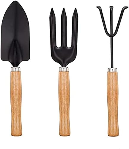 Mini Gardening Tools Garden Planting Wood Handle Rake Fork And Shovel Succulent Plant Kit For Transplanting Seedlings Bonsai Succulents Herbs Plants And Terrariums Small Hand Cultivator (Set Of 3)