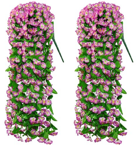 MEIVINES 2 Stück Kunstblumen Hängend Künstliche Hängepflanzen Wie Echt Seidenblumen Hängepflanze Künstlich Balkon 82cm Lang Kunstblumen für Draußen Balkon Garten Hochzeit(Rosa)