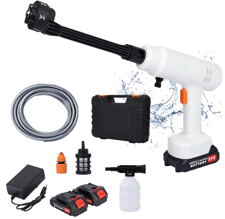 Akku-Hochdruckreiniger,Tragbarer kabelloser Hochdruckreiniger(24V 35Bar 240L/H) mit wiederaufladbarem 1.5Ah Akku,Waschpistole für Garten Haustier Outdoor Auto Reinigung (Weiß)