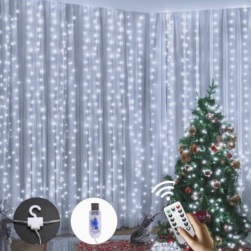 Wekrigh Tenda Luminosa, 300 LED 3 * 3 Luce per Tenda 8 Modalità Tenda di Luci Dimmerabile IP65 Impermeabile con Telecomando Tenda Luci Natale per Interni, Matrimoni, Finestre, Camera - Bianco Freddo