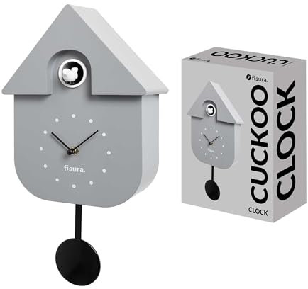 FISURA - Graue Kuckucksuhr mit weißem Zifferblatt. Wanduhr. Originelle Wanduhr als Geschenk. 3 AA-Batterien Nicht enthalten. Maße: 21,5x8x41,5 cm. ABS-Kunststoff, Grau und Schwarz