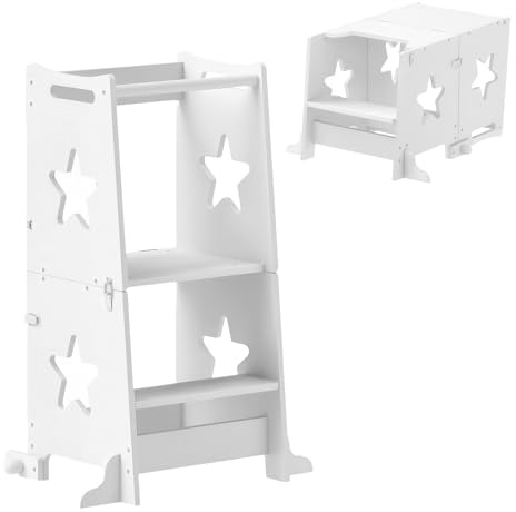 AIYAPLAY Torre de Aprendizaje 2 en 1 Taburete de Aprendizaje para Niños de +3 Años Convertible en Mesa y Silla con Barra de Seguridad 60x44,5x86 cm Blanco