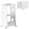 AIYAPLAY Torre de Aprendizaje 2 en 1 Taburete de Aprendizaje para Niños de +3 Años Convertible en Mesa y Silla con Barra de Seguridad 60x44,5x86 cm Blanco