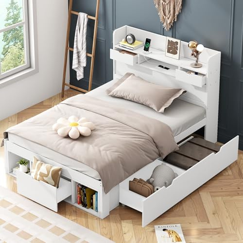Lubvtti Cama tapizada con puerto USB y cajones y contenedor, cama individual con cabecero contenedor y somier de láminas (90x200)