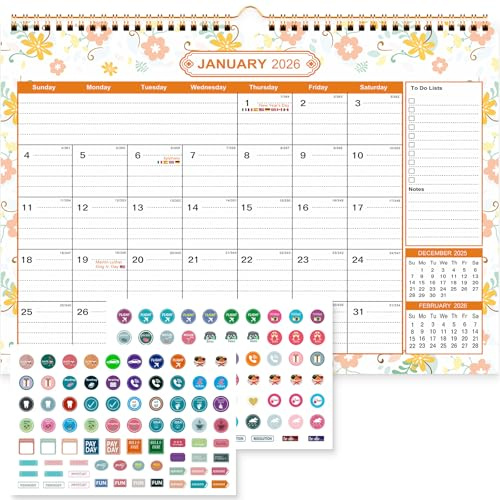 Benjia Calendario da muro tavolo 18 Mesi, A4 calendari Gennaio 2026 a Giugno 2027, calendario famiglia ufficio, planner mensile Calendari per Parete, planning mensile con adesivi del piano (Fiore)