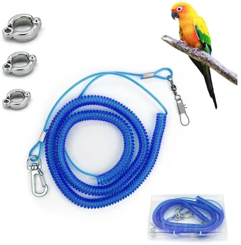 LuckyOpt Parrot Flying Leash, 16.4 ft Training Rope with 3 Size Bird Foot Ring, Anti-Bite Elastic String for Cockatiels, Birds, Pigeon (Blue)