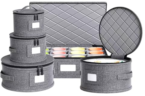 CEIEVER Felt Plate Storage 5Pcs, China Storage Containers Set for Dinnerware Storage and Transport Dishware Carrying Case with Dividers,for Plates, Bowl, Cup Home Use