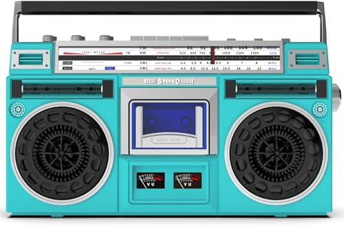 Sistema estéreo Boombox vintage con radio AM/FM, reproductor de CD y grabadora de casete | Entrada USB/SD, altavoces integrados, conector de auriculares de 3.5 mm | Estilo retro para el hogar y viajes