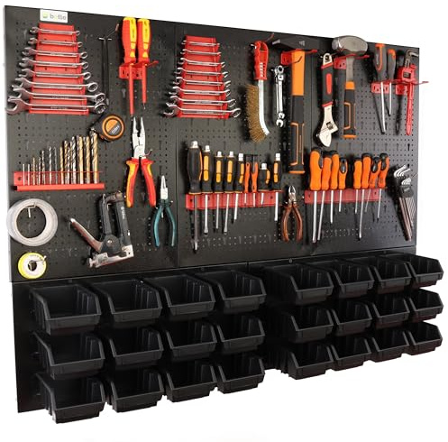 botle Panneau à outils mural perforé en métal, boîtes empilables + étagère murale + porte-outils, ensemble de 51 pièces, pour petites pièces, atelier mural avec 24 récipients empilables noirs extra