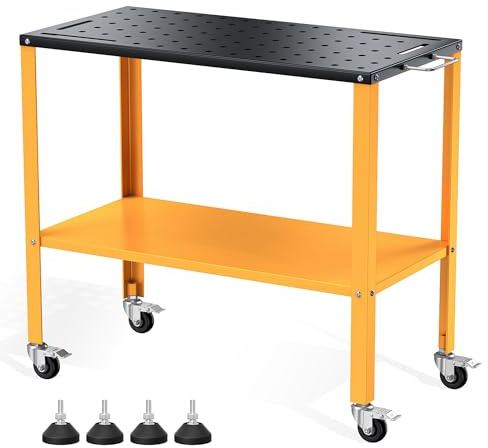 1200LBS Heavy Duty Welding Table 36 x 18, Black Oxide Finish Workbench Tabletop with 4 Lockable Braking Casters, 4 Tool Slots, Tray, 5/8 Fixture Holes, Portable Welding Cart for Garage Workshop