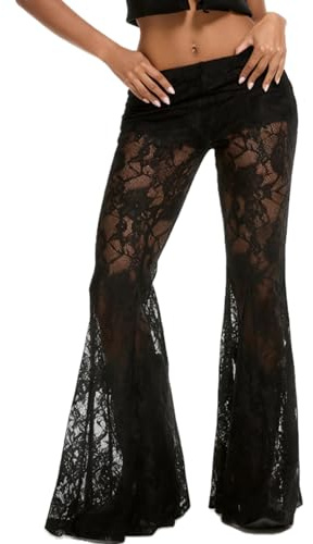 Acrawnni Women Lace Bell Pant Sexy Elastic Waist See Through Flare Bottom Leggings Hollow Out Mesh Cover Up Trousers Bootcut Trousers