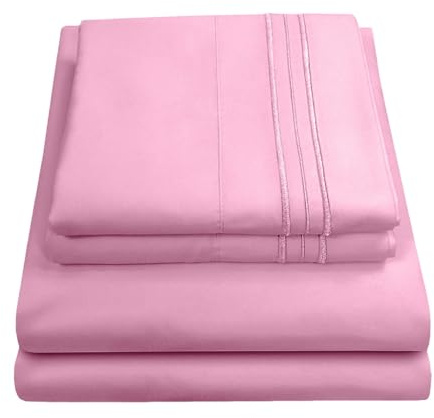 Sweet Home Collection Luxury Bedding Set with Flat, Fitted Sheet, 2 Pillow Cases, Microfiber, Pink, Queen