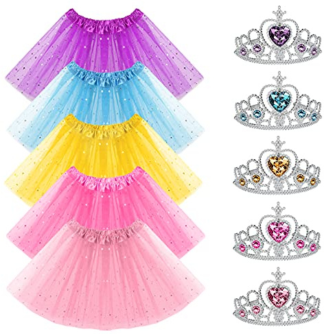 URAQT 5PCS Princesse Tutu Couronne Habiller 5PCS Accessoires diadème Ballet Cadeaux Anniversaire Princesse Etoiles Sequins Party Dance Robe de Fille Princesses Ballet Tutu Jupes