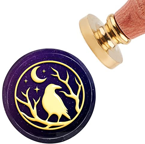 CRASPIRE Crow Wax Seal Stamp Halloween Raven Sealing Wax Stamps Moon Vintage 30mm Removable Brass Head Sealing Stamp with Wooden Handle for Wedding Invitations Envelope Wrap