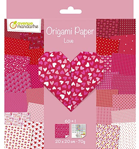 Avenue Mandarine OR518C – Origami Paper, Love – Paquete de 60 hojas Origami 20 x 20 cm 70 g (30 diseños x 2 hojas) – Una tabla de pegatinas de ojos incluidas – A partir de 5 años
