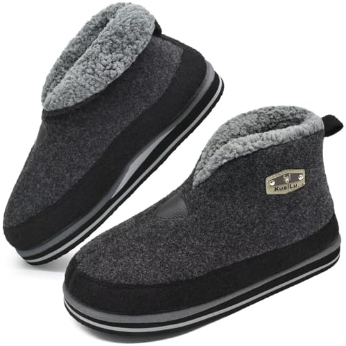 KuaiLu Mens Felt Winter Warm Boot Slippers Cosy Memory Foam Faux-Fleece Lined Bootie Slippers with Comfy Arch Support House Shoes Non-Slip Indoor Outdoor Hard Sole