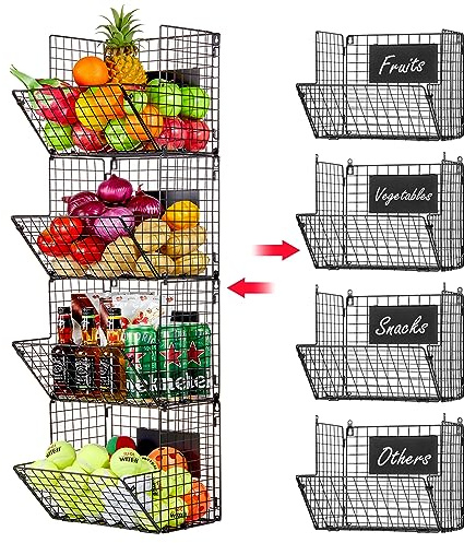 X-cosrack Metal Wire Basket Wall Mount, 4 Tier Extra Large Wall Storage Basket Organizer with Chalkboards, Kitchen Fruits and Vegetables Produce Bin Rack Toys Organizer Bathroom Tower Baskets (Black)
