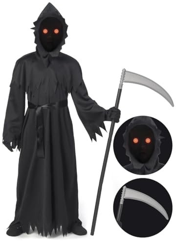 Spooktacular Creations Child Unisex Black Sensenmann Kostüm, Gruseliges Phantom Kostüm mit Handschuhen Sense Light-Up Brille für Boys Halloween Dress up, Role-Playing-S