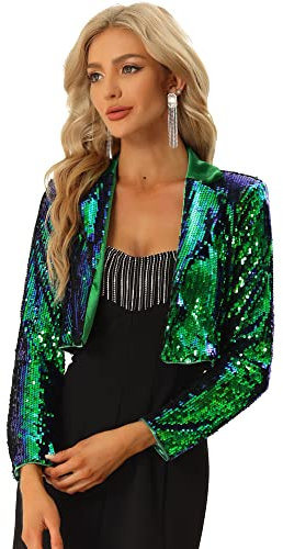 Allegra K Blazer con Parte Delantera Abierta para Mujer con Solapa con Muescas, Manga Larga, Chaqueta de Lentejuelas Brillantes Verde L