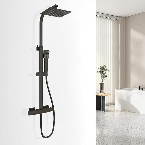 HAPAOSO Colonne de douche noire avec robinet réglable en hauteur, système de douche avec tête de pluie et douchette carrée