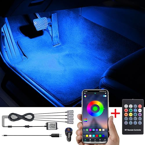 TABEN Kit de iluminación Ambiental de pie automóvil RGB Control App + Remoto RF 16,7 Millones Colores de música Sincronizada Cargador a Bordo + USB Luz de Ambiente del Pozo del pie Interior automóvil