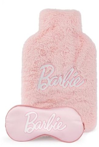 Barbie Women's Hot Water Bottle & Eye Mask Set | Ladies & Girls Furry Heat Pad and Satin Sleepwear Eye Cover in Pink | Complete Matching Nightwear Gift Bundle | Doll Movie Toy Merchandise Apparel