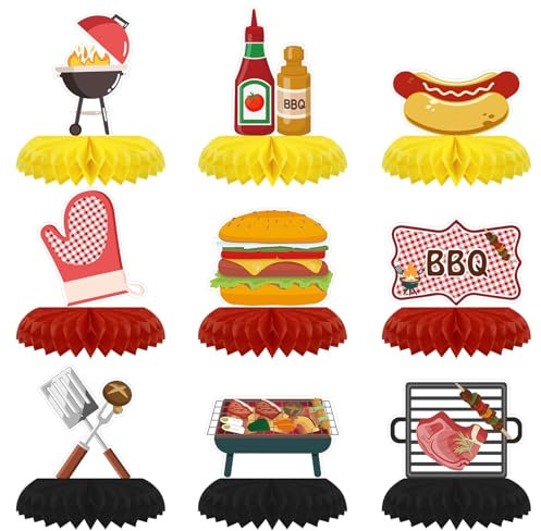 9PCS BBQ Party Decorations BBQ Baby Shower Table Centerpieces Picnic Decorations Honeycomb Table Toppers for Baby Q Baby Shower Decorations Summer Birthday Party