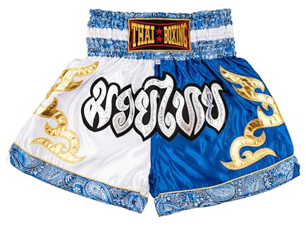 MUAY NATION Pantalones Cortos de Muay Thai para Hombres y Mujeres, Corte Ajustado, Shorts de Boxeo MMA para Entrenamiento, Ropa de Kickboxing (FR/ES, Letras, M, Regular, Regular, Blanco/Azul)