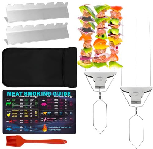 COZHYESS 2 Pcs 3 Way Grill Skewers, BBQ Metal Skewer, 3-Prong Kabob Skewers Stainless Steel with Barbecue Accessories, for Grilling, Push Bar Slider, Easy to Use, for Outdoor Grill