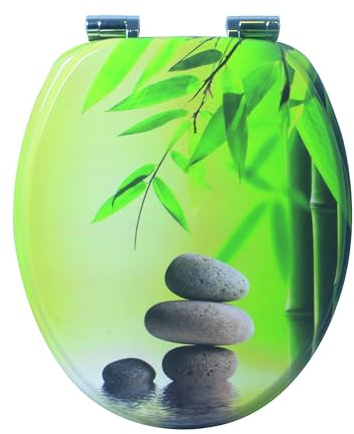 sanicomfort WC Sitz Bamboostone, MDF Holzkern, mit Absenkautomatik, Toilettensitz mit Klodecken, Klobrille und Deckel, verchromte Metallscharniere, einfache Montage