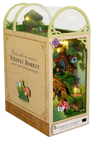 LetCart Sujetalibros de madera, Booknook estantería uso bosque de luciérnagas DIY Book Nook Kit miniatura casa Kits sujetalibros de madera para regalo de cumpleaños adulto