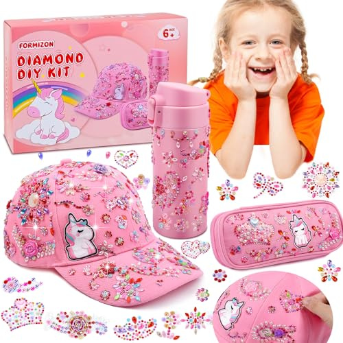YOOHBERRYS Regalo Niñas 4-10 Años, Kit de Manualidades con Pegatinas de Diamantes y Unicornios, DIY Botella Agua, Gorra Béisbol y Bolsa para Lápices, Regalos de Cumpleaños Navidad para Niña (Rosa)