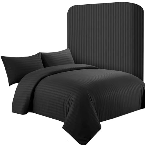 AR Ware Double Satin Stripe Duvet Cover Set – 4 Pcs Black Soft, Hotel-Style Bedding Set with 2 Pillowcases and 1 Fitted Sheet