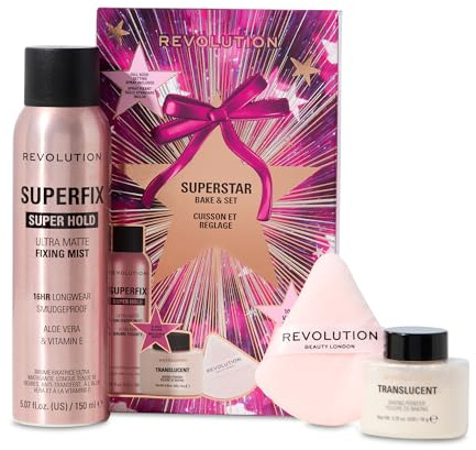 Revolution Superstar Bake & Set, Spray Fijador Superfix y Polvo Suelto Translúcido con Borla de Maquillaje, Acabado de Larga Duración, Vegano y Libre de Crueldad Animal