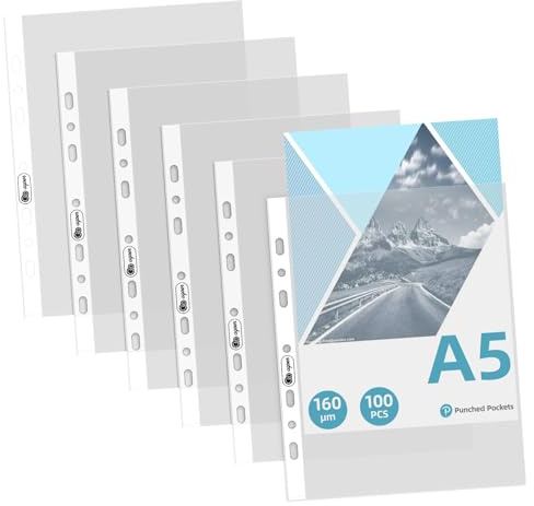 100 Klarsichtfolien A5 Extra Stark,Prospekthüllen DIN A5 Stabil,160my Plastikhülle mit 7 Lochung,Transparent Dokumentenhüllen A5 Folienhüllen Stammbuch,A5 Fotohüllen Glasklar für Schule,Uni,Büro