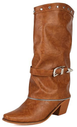 Galindopia Donna's Stivali Cowgirl Mid Calf Fold Over Colllar Block High Heel Vintage Western Metà Stivaletti Botas de Vaquero para Mujer Brown Size 40