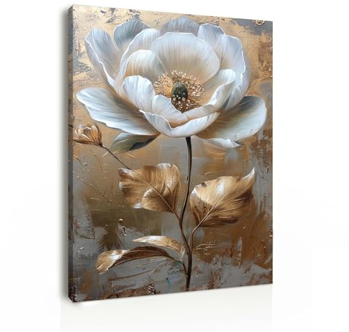 Galmcook Canvas Wall Art 12x16 Inch Framed Single Flower Painting White and Gold Modern Wall Decoration for Living Room Bedroom Hallway and Stairs Artwork Wall Pictures with Hooks and Magic Tape