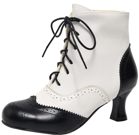 XIEPP Botines retro para mujer con puntera redonda, diseño de bloque de color, cordones y tacón de bloque para uso diario, Negro , 44 EU